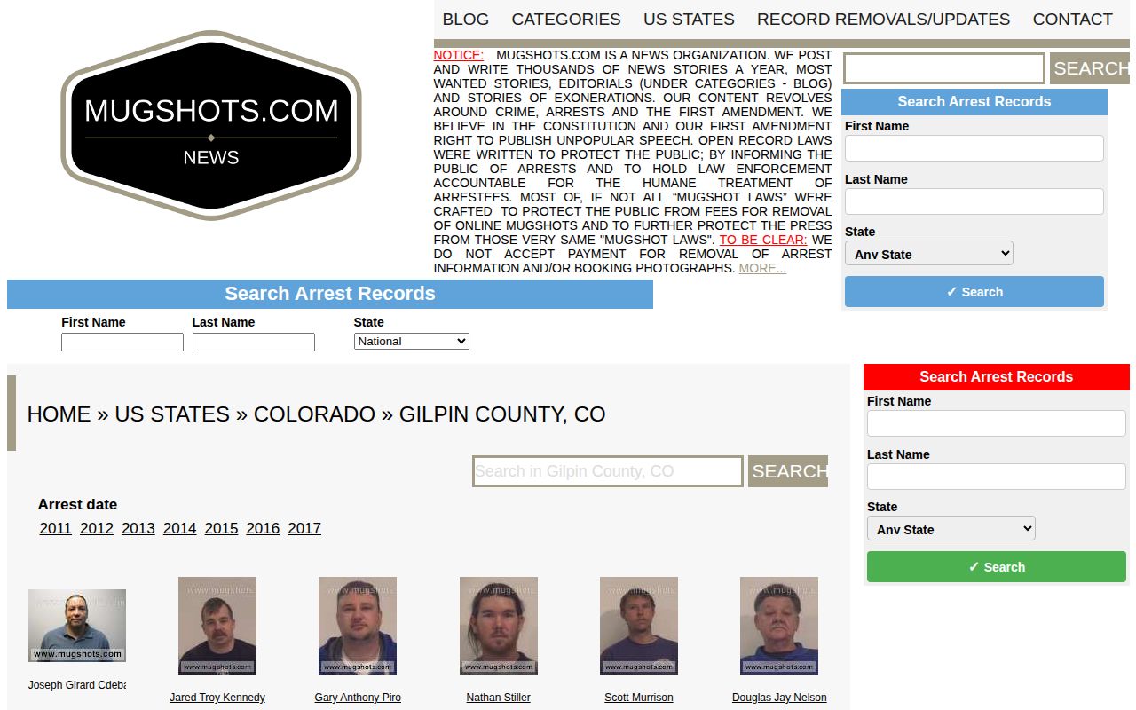 Gilpin County crime news on unofficial Mugshots.com county section