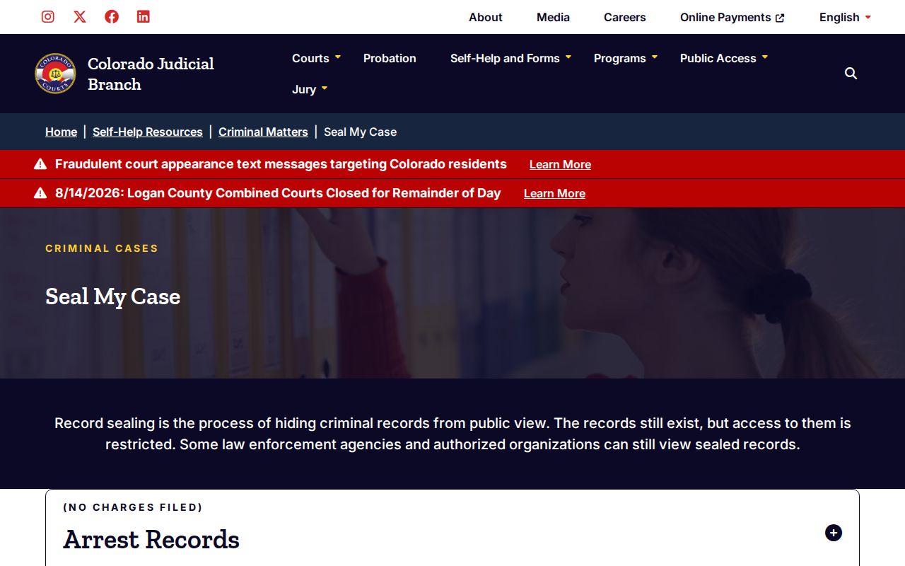 Colorado Judicial sealing forms for Gilpin County arrest records