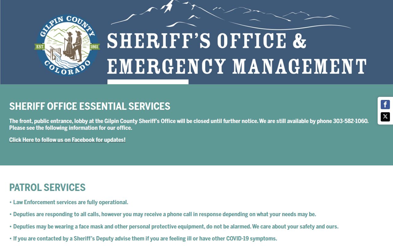 Gilpin County Sheriff booking record access and contact page