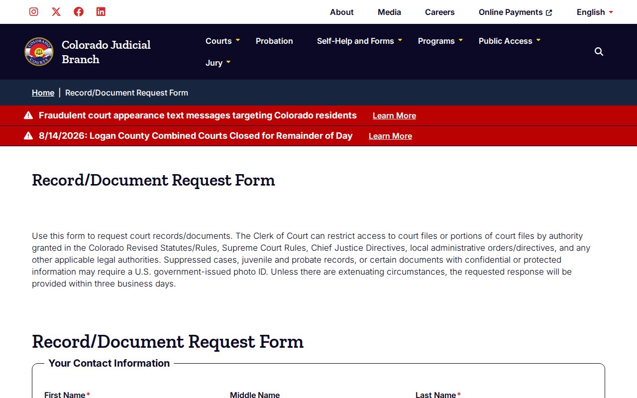 Gilpin County warrant and court record request interface